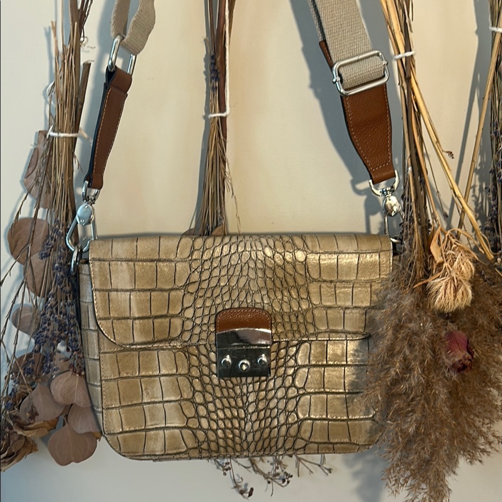 Genuine Leather Tan and Brown Crossbody Bag with Crocodile Texture